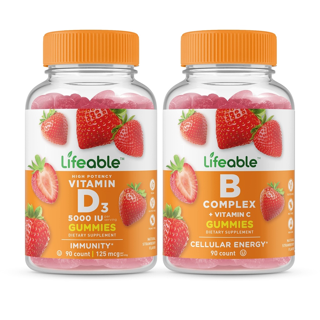 Vitamina D 5000 UI + Complexo B, Gummies Bundle - Grande Degustação, Suplemento Vitamina, Glúten Livre, GMO Livre, Gummy Mastigável