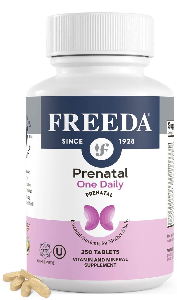 FREEDA Vitamina pré-natal - Kosher Pré-natal - Vitaminas pré-natais com ferro, ácido fólico pré-natal, colina, vitamina D - um suporte pré-natal diário multivitamínico para mulheres grávidas e lactantes (250)