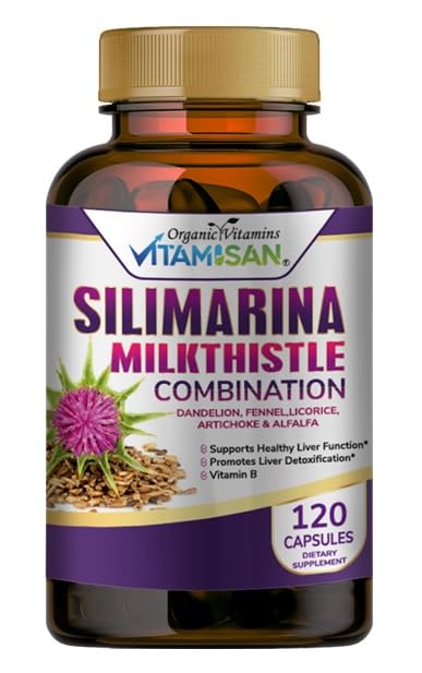 Leite de VITAMISAN Thistle silimarina com Dandelion, Fennel. Alcaçuz, Alcachofra Alfalfa Detox e limpeza Fórmula Suporte Fígado 120 Cápsulas