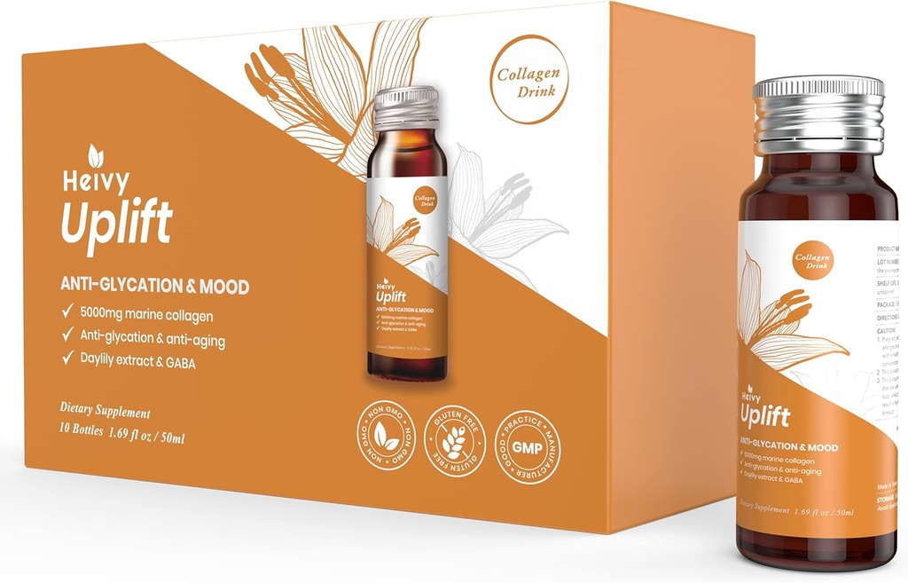Suplemento de Colágeno Líquido Heivy, Bebida de Colágeno, Peptídeos de Colágeno, Define a Idade e brilhe o seu dia, beleza sem idade, Colágeno hidrolisado, com CoQ10, 1,69 fl.oz./Bottle (1 caixa, 10 garrafas)