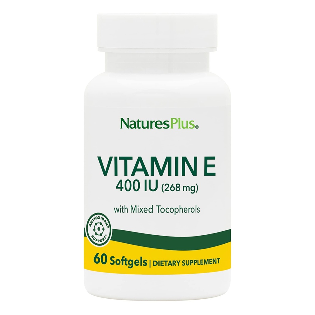 NaturesPlus Vitamina E - 400 iu D-Tocoferol misto, 60 Softgels - Suplemento fácil de engolir vitamina E, derivado de óleo de soja natural - Free-Radical Defense - Gluten-Free - 60 Servings