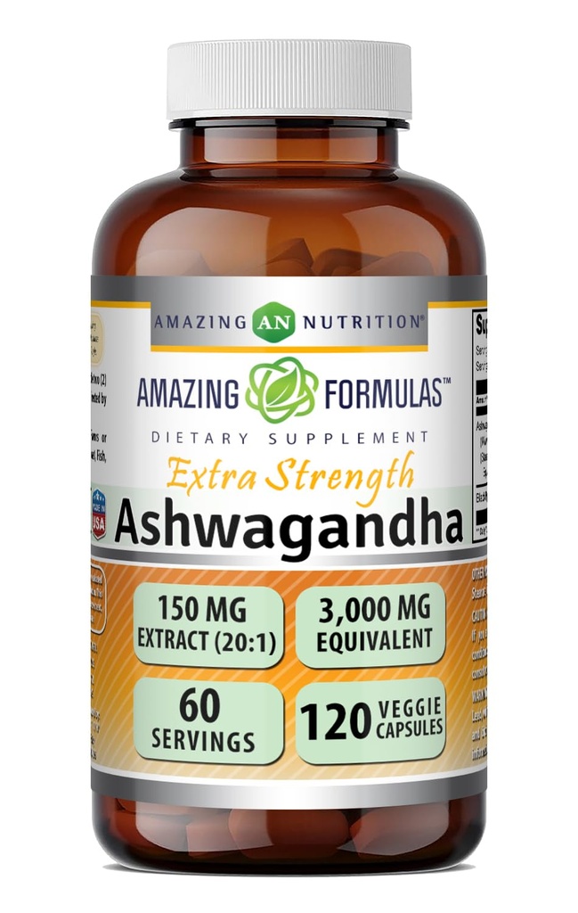 Fórmulas surpreendentes Ashwagandha Extract Supplement (Sexta) de 150 Mg de Extrato (20:1) Equivalente a 3.000 Mg de Cápsulas Veggie (Sexta)