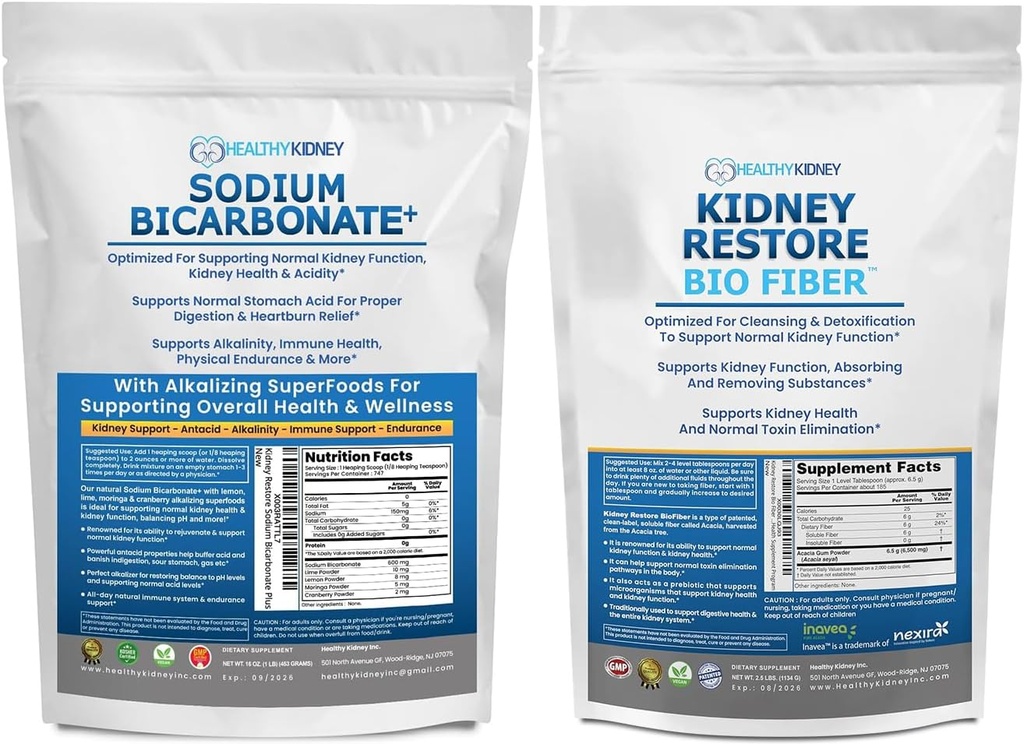 Biocarbonato de sódio orgânico Suplemento alcalino 1,5LB e Bio Fiber Rim Cleanse Detox 2,5 LBS Bundle – Suporta Saúde do Rim, Neutralizer Ácido Estômago, Alcalina Superalimentos, Suporte Imune, Detox