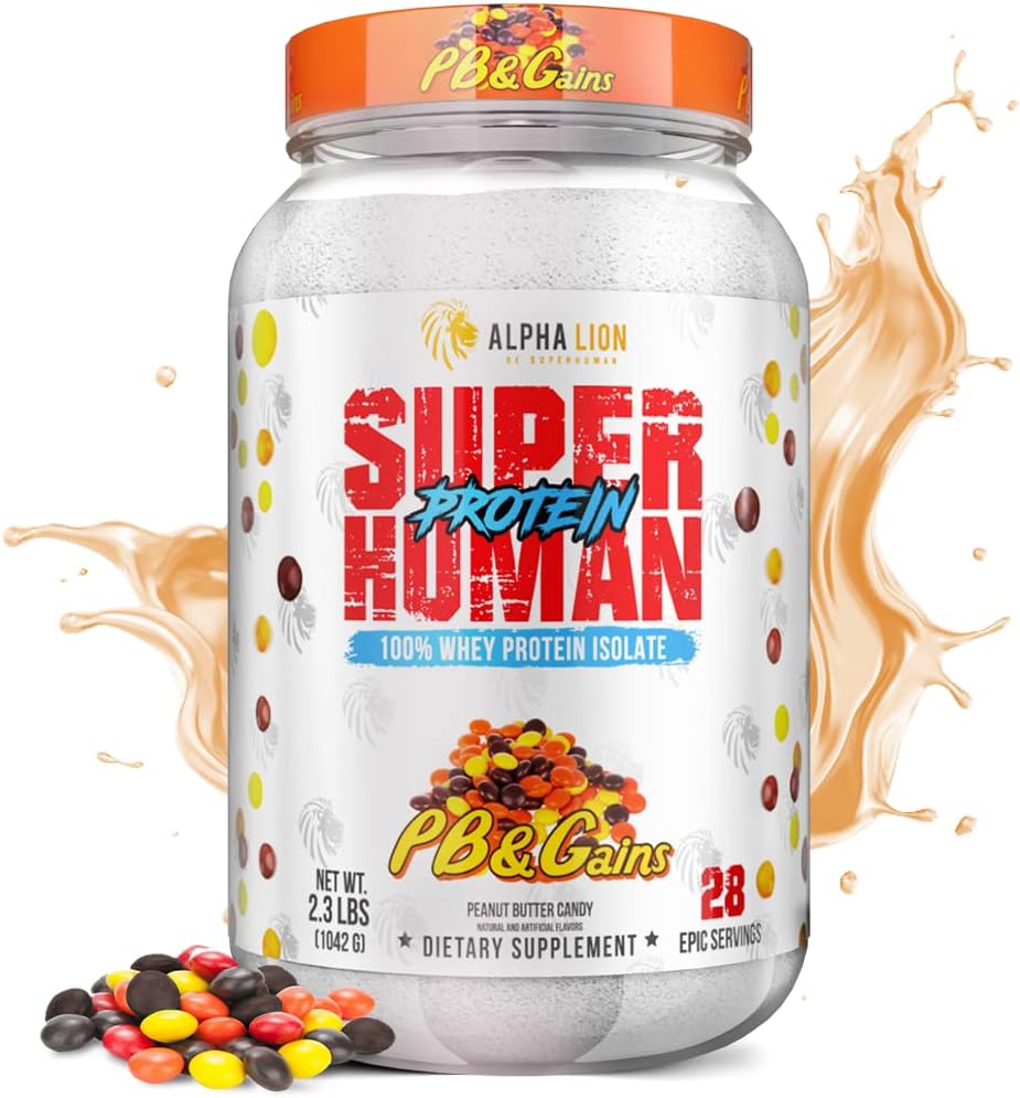 ALFA LION Superhumano Whey Protein Powder, Grande Degustação Puro Whey Protein Isolate, Baixo Carbo, Baixo Açúcar, Sem Bloat Pós treino, Recuperação muscular e crescimento (28 Servings, PB & Ganhos)