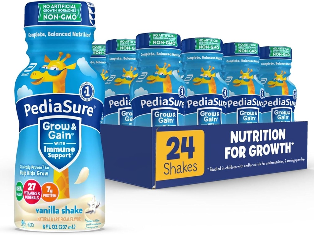 Pediasure crescer e ganhar com suporte imunológico, 27 vitaminas e minerais para crianças, 7g de proteína, não-GMO, sem glúten, baunilha, garrafa de 8-fl-oz, pacote de 24