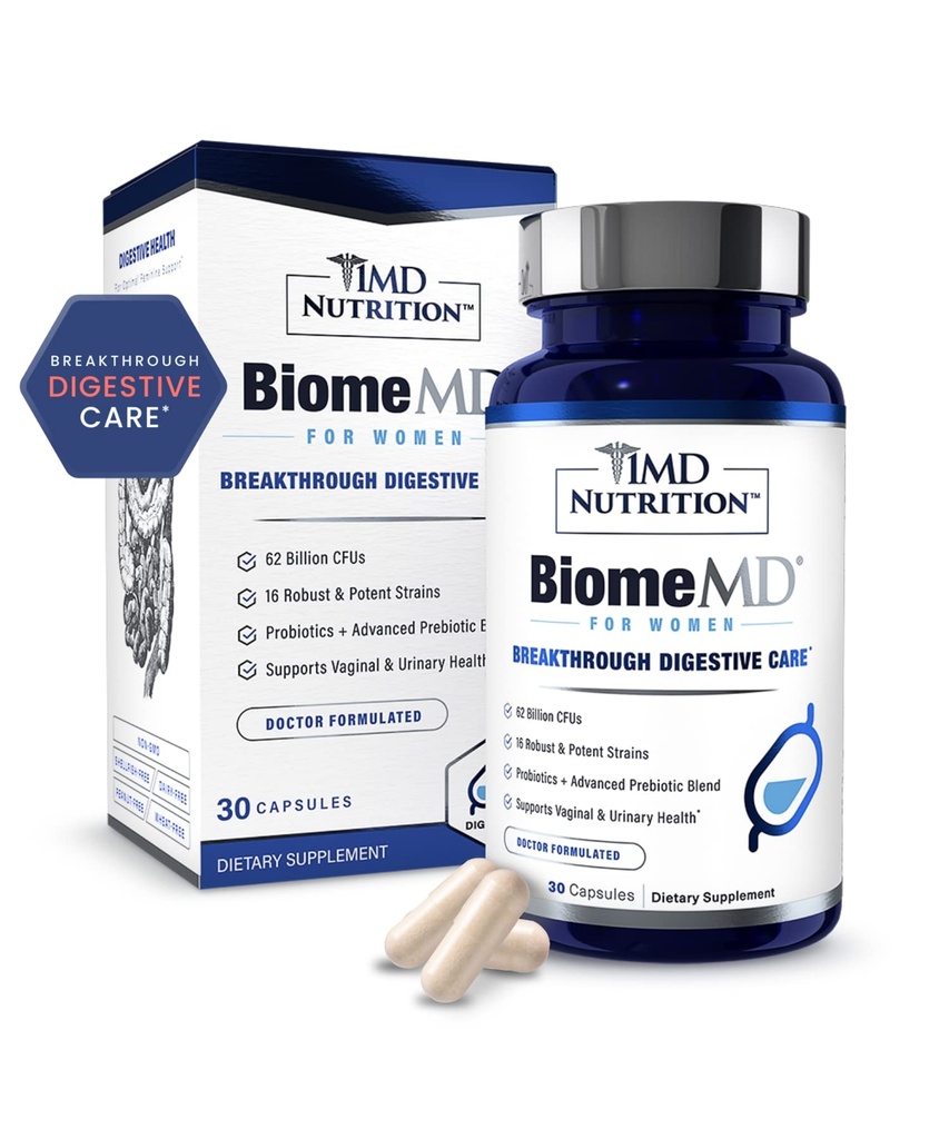 1MD Nutrição BiomeMD Probióticos para Mulheres - Prebióticos diários e Probióticos para Mulheres - Mais de 60 bilhões de UFC, 15 Strains - Mulheres Probiótico para apoiar a saúde urinária e vaginal - 30 Cápsulas