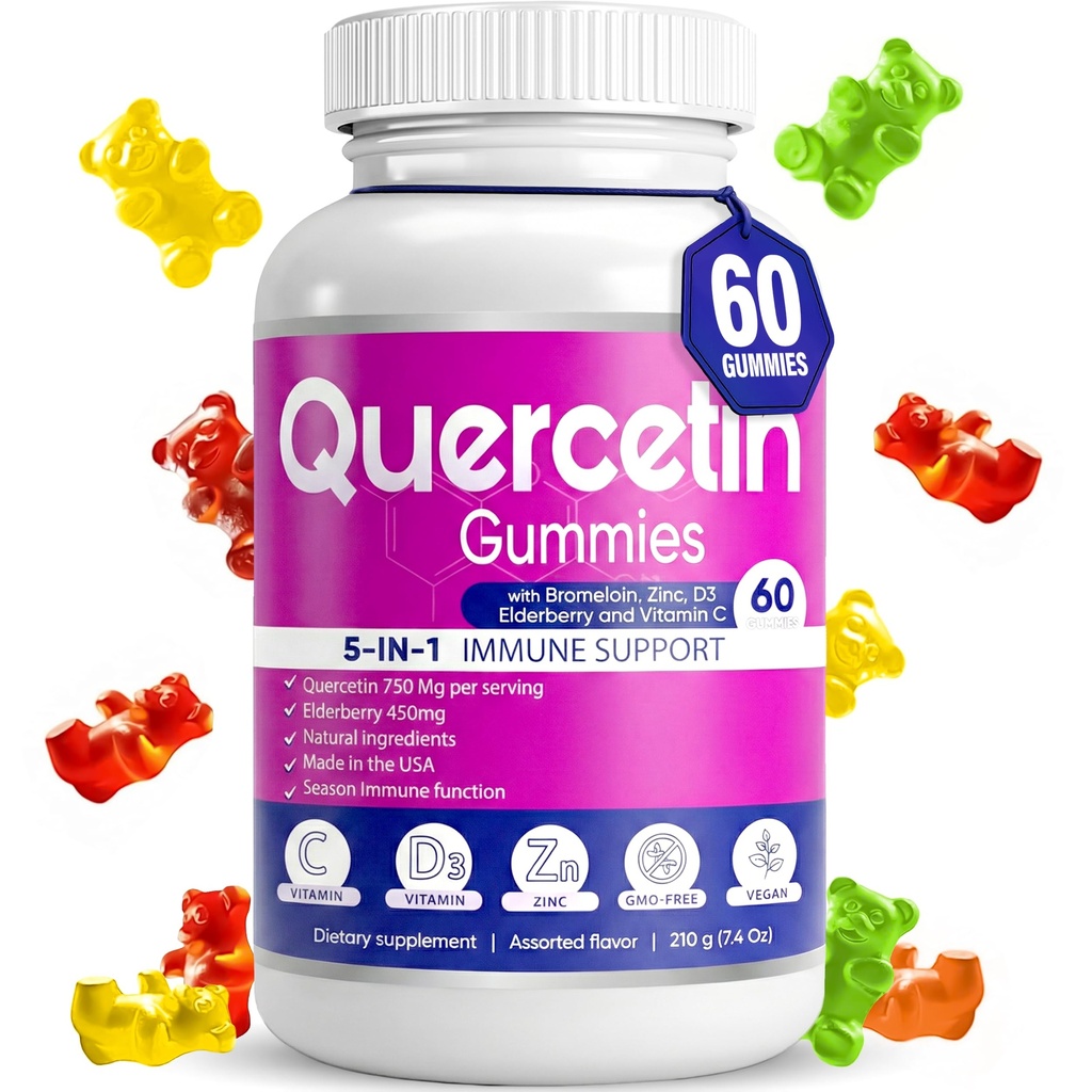 Quercetin Gummies by BioVitalica - Quercetin com bromelaína Vitamina C e Zinco & Elderberry + Vitamina D3-5 em 1 Suporte Imune - Zinc Quercetin 750 mg para Crianças e Adultos (1)