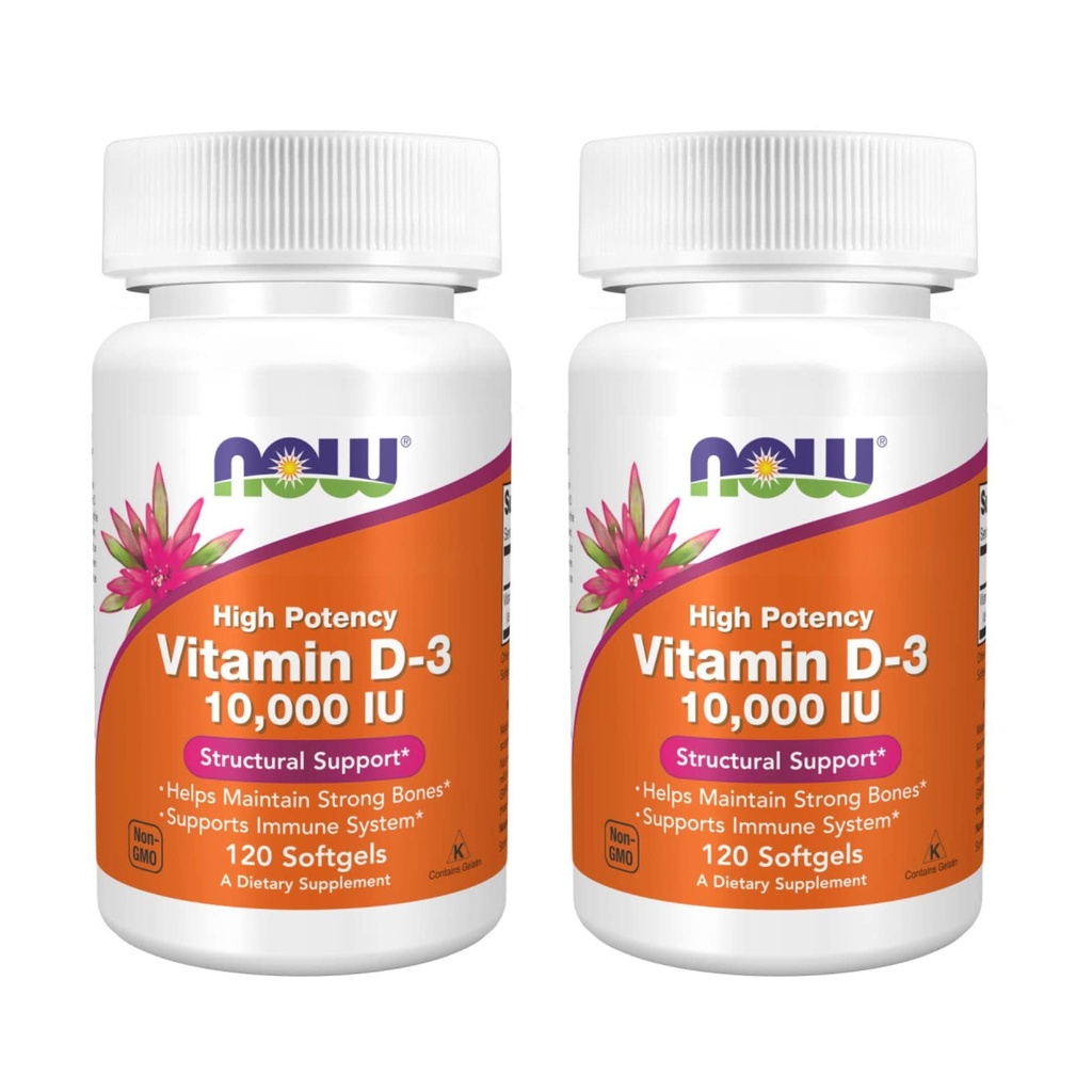 NOW Alimentos de alta potência Vitamina D-3, 10.000 UI, 120 Softgels, 2 Pack