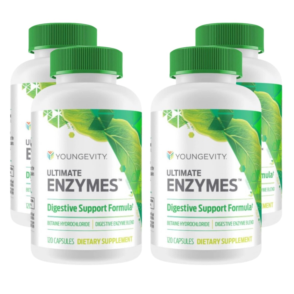 Youngevity Ultimate Ezymes® - Multi Enzimas para Digestion, Gás & Bloating Alívio - Betaine HCl, Ox Bile, Pancreatina 10X, Papain 6M, Pepsin 1/3000 (120 Cápsulas - 4 Pack)