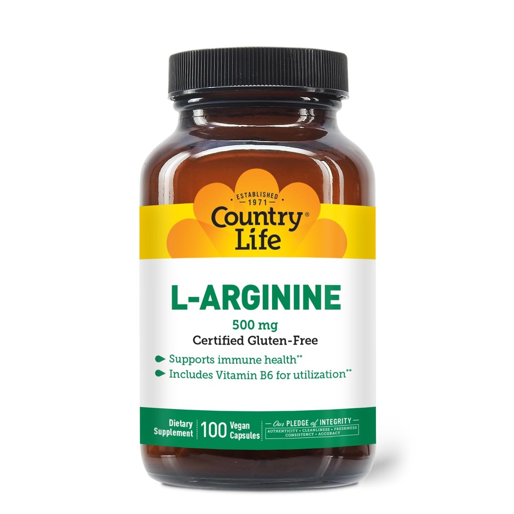 País Vida L-Arginina Caps com vitamina B-6, 500mg, 100 Cápsulas Vegan, Certificado Gluten Free, Certificado Vegan