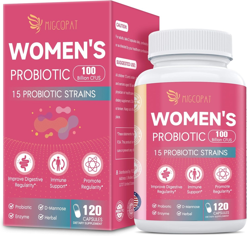Probióticos para Mulheres, 100 bilhões de UFC Mulheres Probiótico com Prebióticos, Enzimas Digestivas, D-Mannose & Extrato de Cranberry para suporte imunológico, Saúde vaginal e urinária, Equilíbrio digestivo - 120 Cápsulas