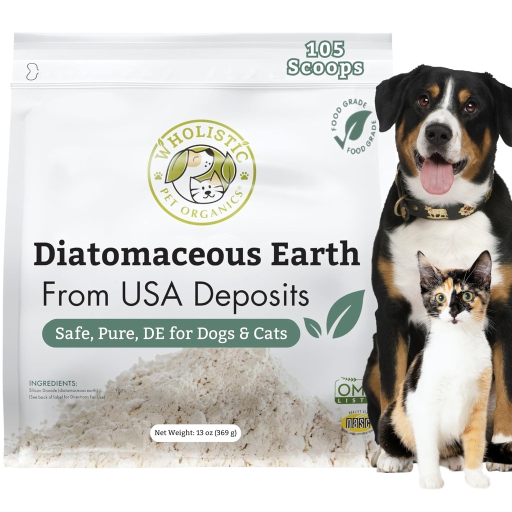 Wholistic Pet Orgânicos Terra Diatomácea - Classe de Alimentos para Cães e Gatos - 13 Oz - Pó Multi Uso - Animais de estimação seguro de água doce não química Fonte de Sílica apoia a saúde geral - recém-feito nos EUA