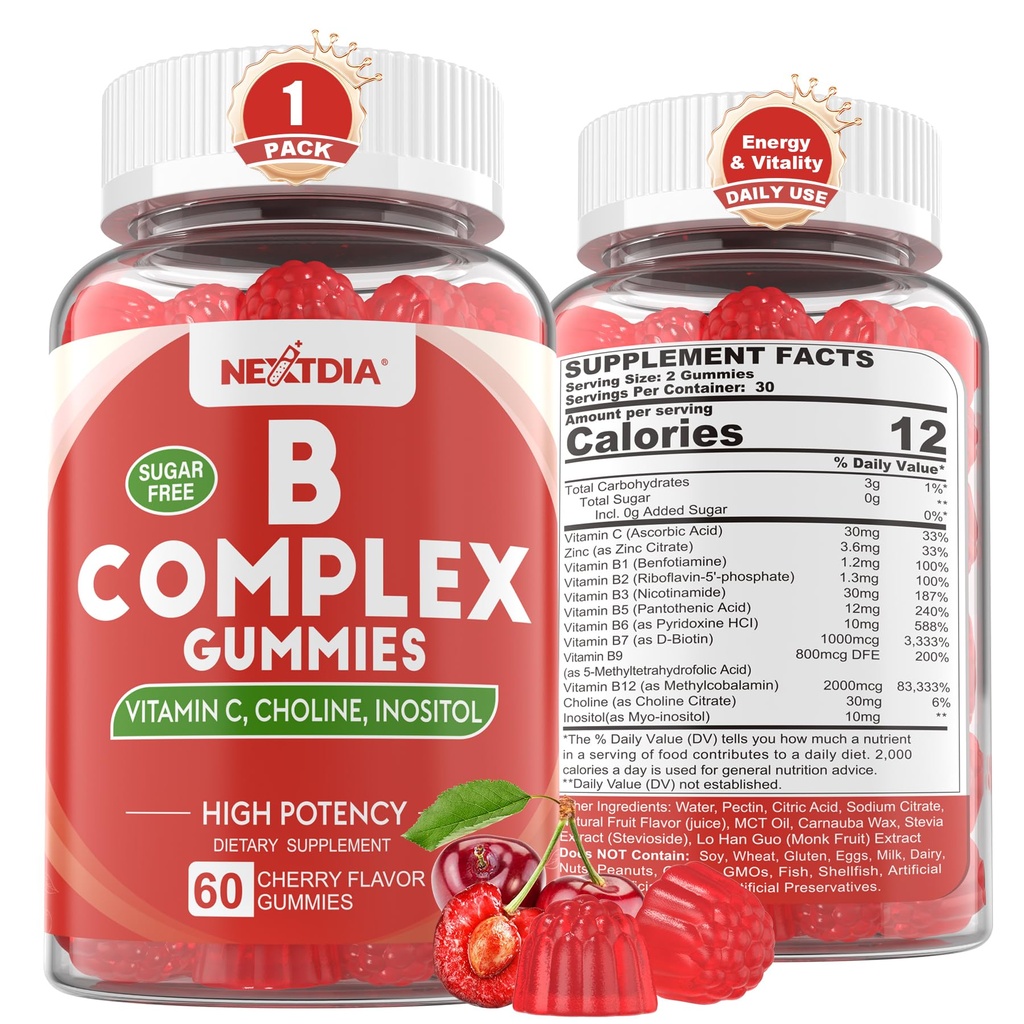 Vitamina B Complex Gummies, Vegan Vitamina B Gummies com 2000 mcg Methyl B12, Folato de metilo □ Plus Colina + Inositol, Vitamina C + Zinco para Suporta Energia, Humidade, Imune, Cabelo Saudável, Pele - 60 Cts