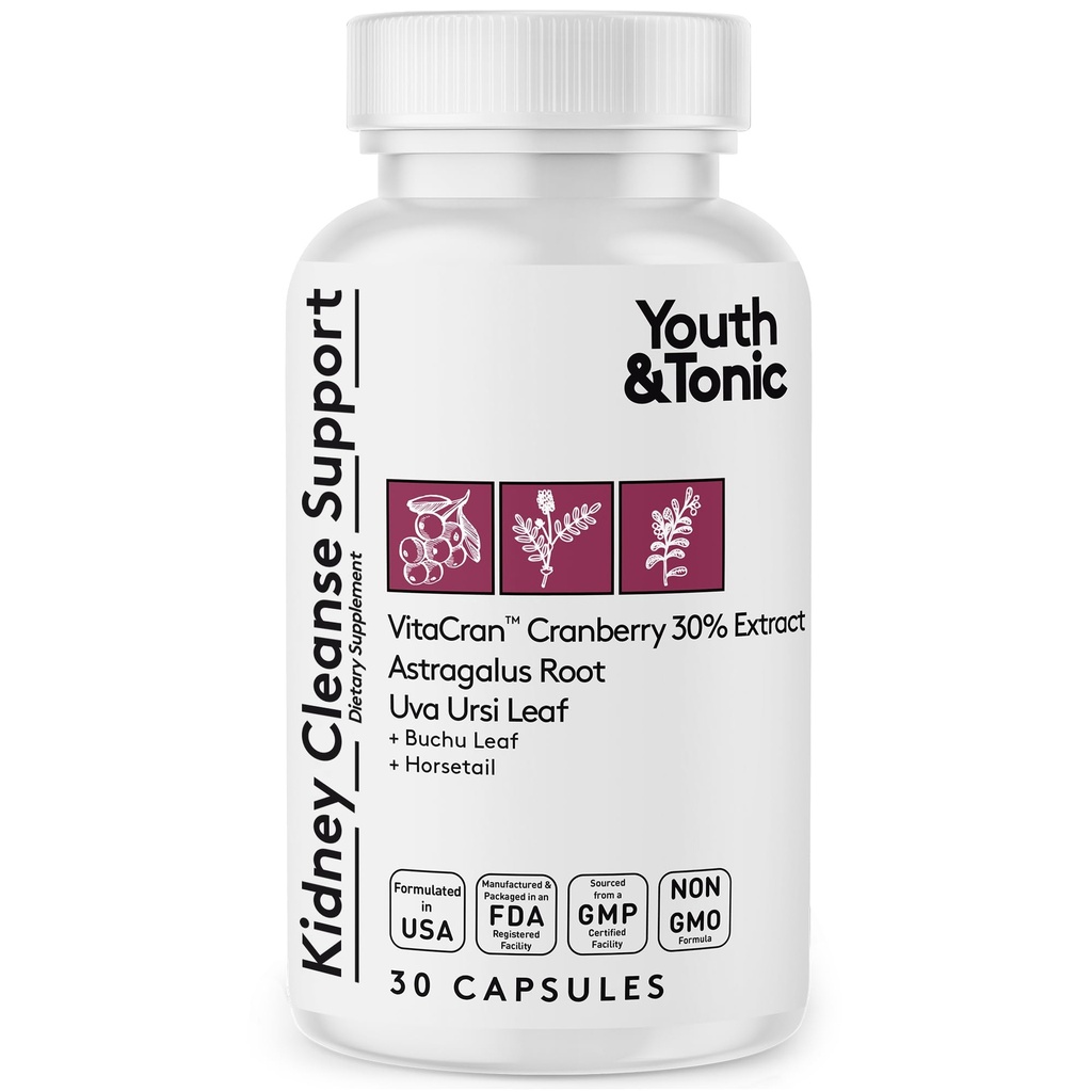 Juventude & Tônico Rim Cleanse & Detox Suplemento com extrato de cranberry - Suporta saúde do trato urinário, bexiga e saúde renal - Vegan, Não-GMO - 30 pílulas vegetarianas