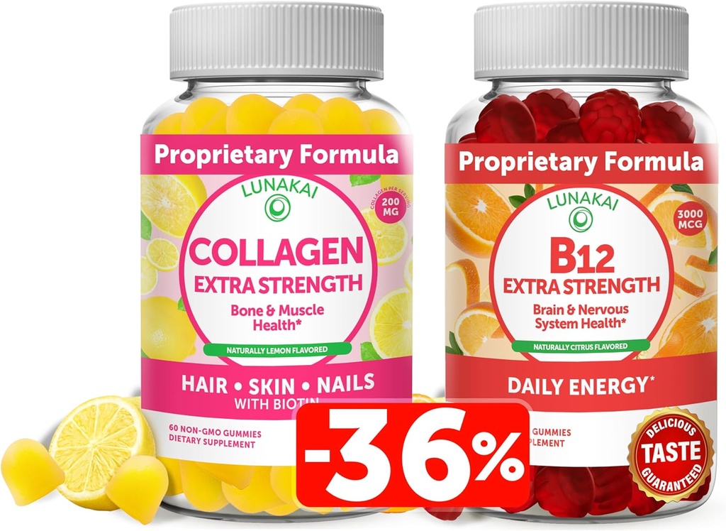 Pacote de pastilhas de colagénio e biotina Lunakai - Vitaminas para cabelo, pele e aparência juvenil - Suplementos de proteína antienvelhecimento não-GMO para homens e mulheres - 30 dias de fornecimento