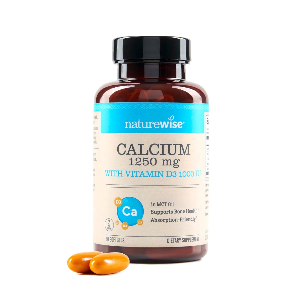 NaturezaWise alta pureza, cálcio natural 1250mg + Vitamina D3 1000UI + Óleo de coco MCT orgânico - Gravidez segura + não-GMO - Absorção amigável, sem glúten - 60 Softgels [30-dia de fornecimento]