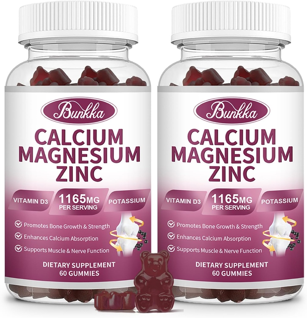Gummies de zinco de magnésio de cálcio com glicinato de magnésio 200mg, potássio, D3, musgo marinho, humor calmo e suporte ao sono- Crianças e adultos 2 Pack