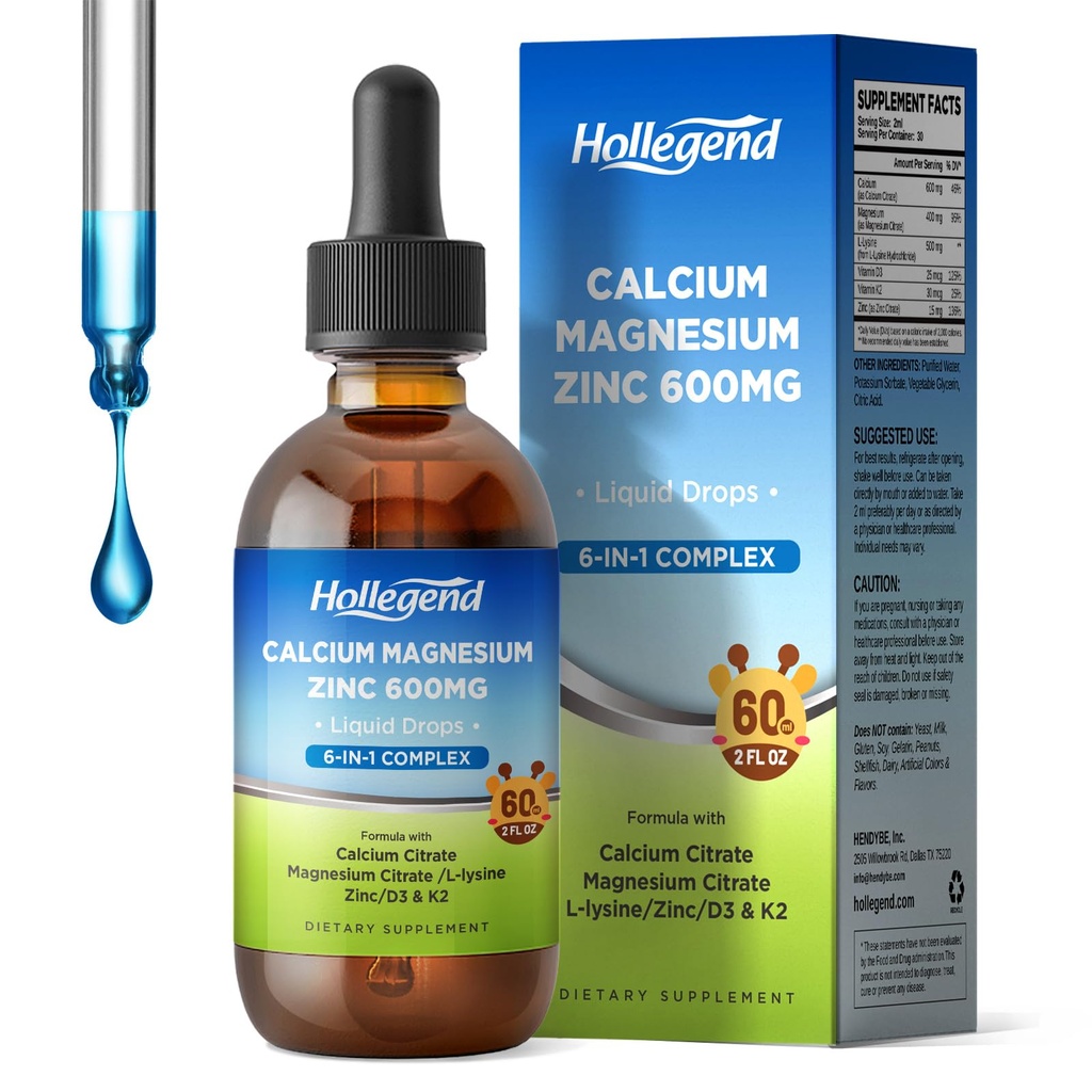 Citrato de cálcio líquido Drops com L-Lysine 500mg, Magnésio e Zinco, Citrato de cálcio 600mg Suplemento com vitamina D3 & K2 para crianças e adultos, 2 Fl Oz