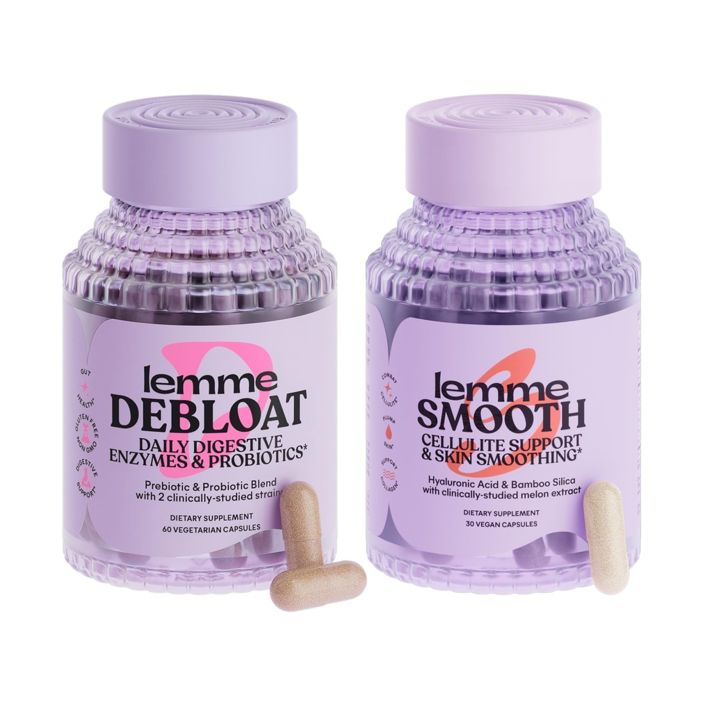 Lemme Debloat and Smooth Bundle - Cápsulas de Enzima Prebiótica, Probiótica e Digestiva para Bloating & Gás Alívio, Reduzir Celulite, Pele Plump, Celulite Suave