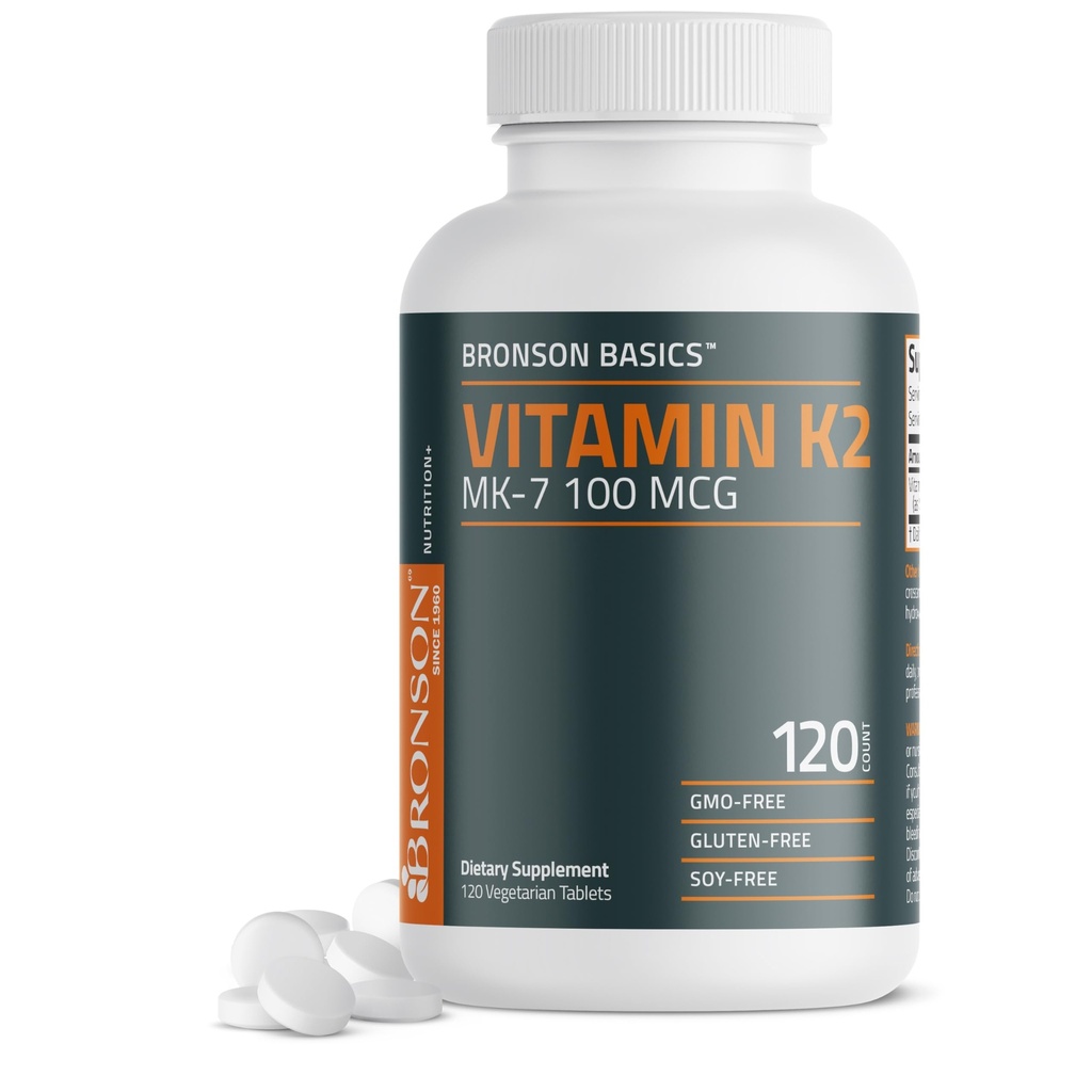 Bronson Vitamina K2 MK-7 100 MCG, K2 como MK7 Menaquinona, Suporte Ósseo Não-GMO, 120 comprimidos