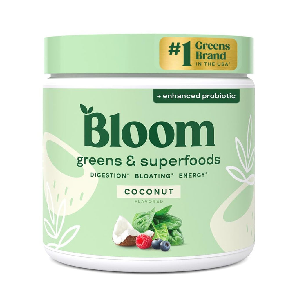 Bloom Nutrition Superfood Greens Powder, Enzimas Digestivas com Probióticos e Prebióticos, Gut Health, Bloating Alief for Women, Chlorela, Green Juice Mix with Beet Root Powder, 30 SVG, Coco