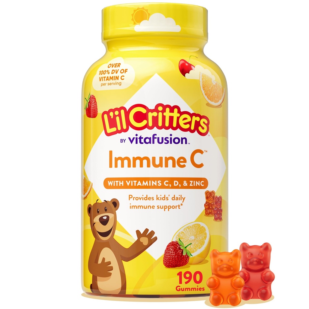 L’il Critters Imune C Suplemento diário Gummy Vitamina para crianças, para vitamina C, D e zinco para apoio imune, laranja, limão, morango e cereja sabores, 190 chicletes (Packaging May Vary)