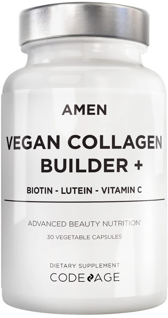 Amem planta-based Vegan Collagen Builder Suplemento - alimentos orgânicos inteiros, Lutein, Vitamina C, Biotina, Lisina, Proline Collagen Boosters - Cranberry orgânico, Limão, Morangueiro - Uma vez um dia - 30 Cápsulas