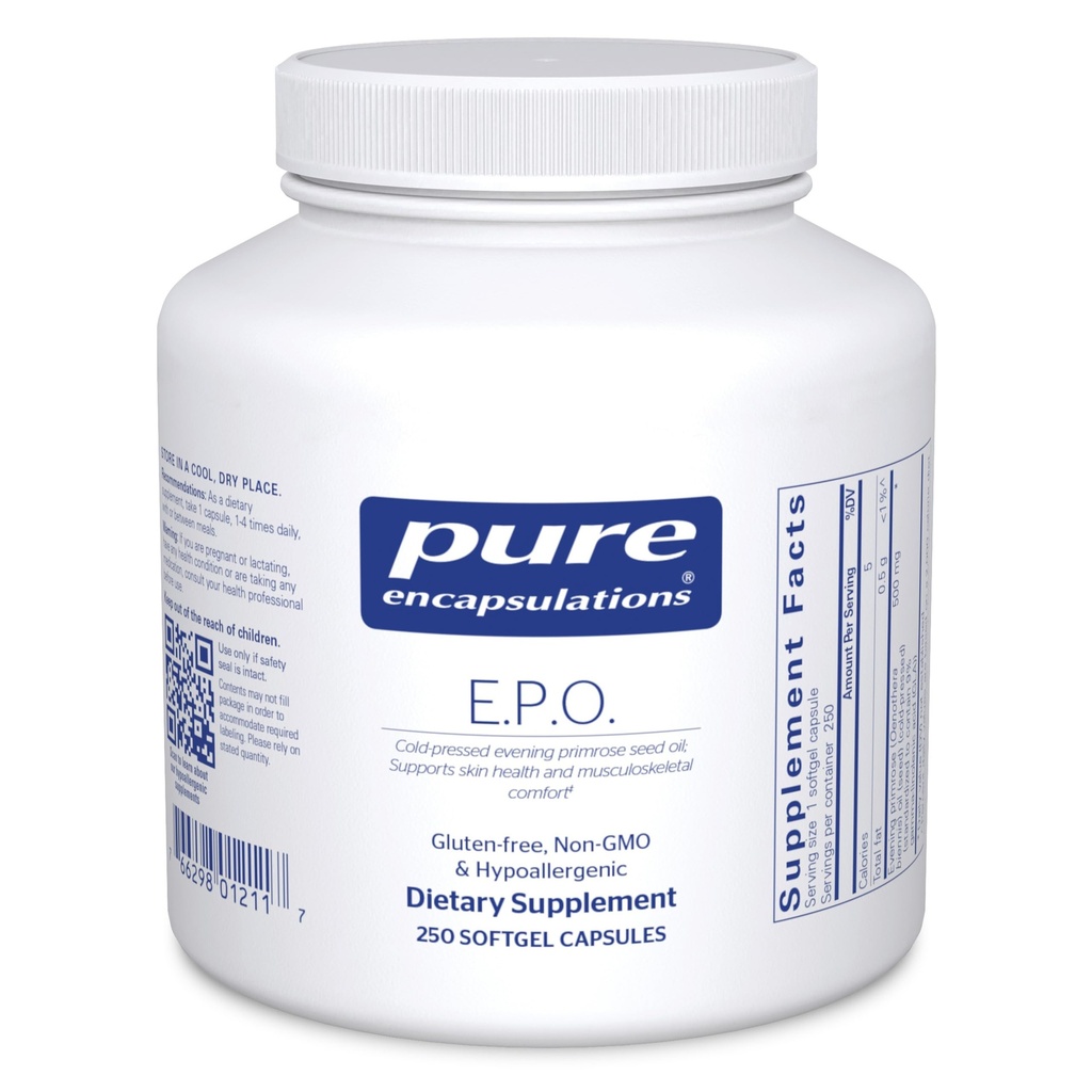 Encapsulamentos puros E.P.O. (Petróleo de Primrose da noite) □ Suplemento dietético hipoalergênico contendo 9% de GLA 250 cápsulas de Softgel