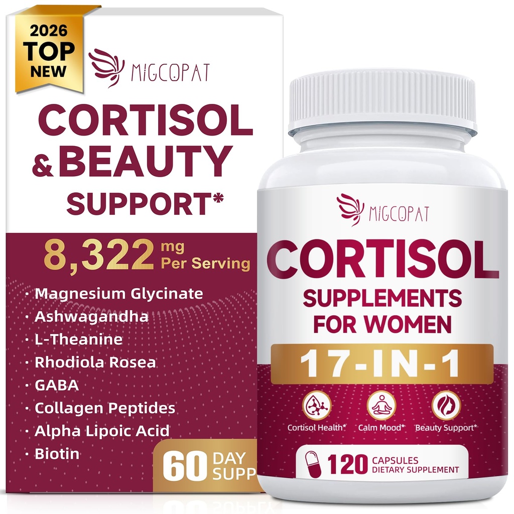 Migcopat 17-in-1 Cortisol Supplements for Women, 8322mg with Collagen, Magnesium Glycinate, Ashwagandha, L-Theanine for Relaxation, Stress and Sleep Support, Cortisol Reducer for Women- 120 Capsules