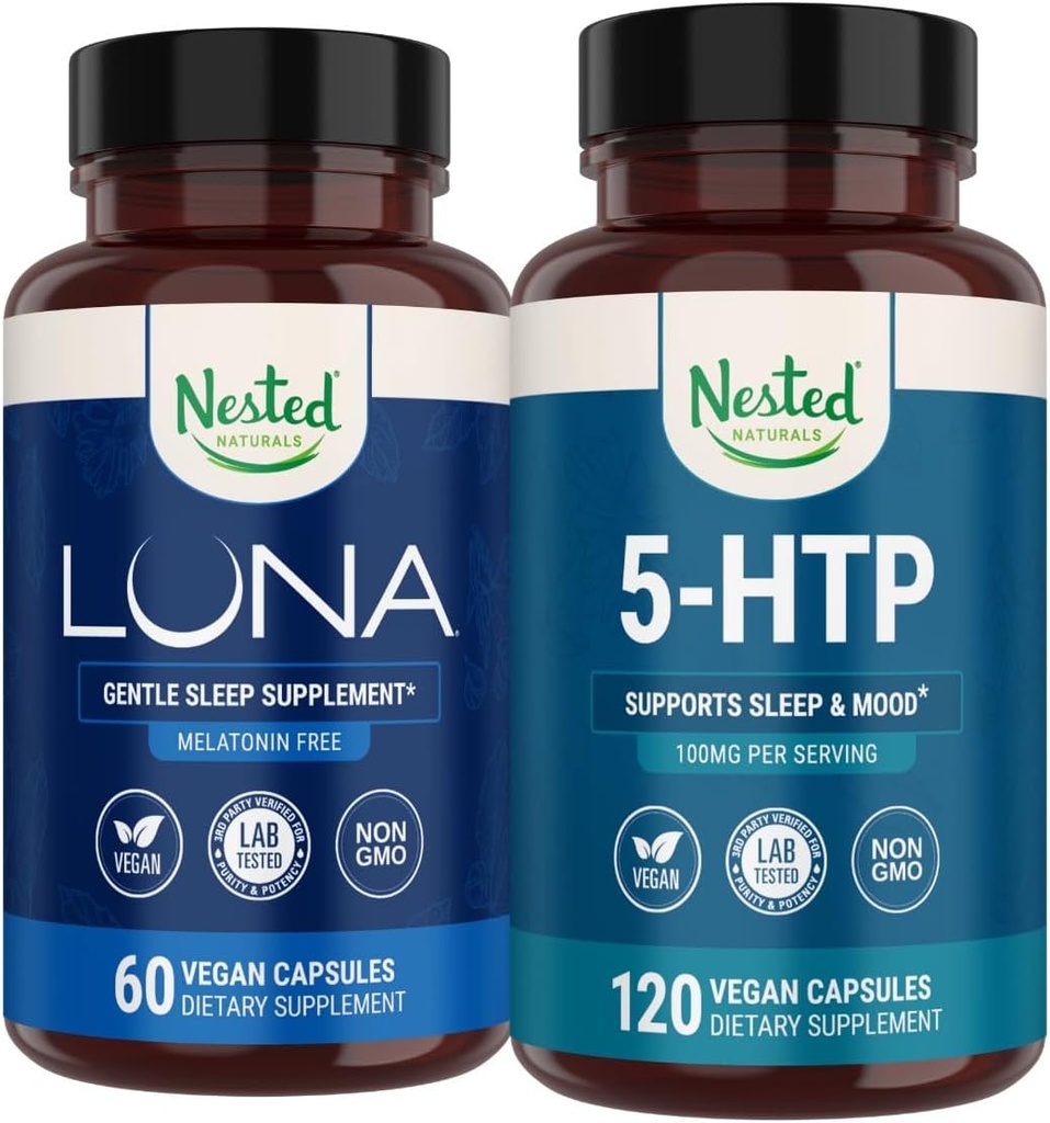 Nested Naturals Luna Melatonin-Free Sleep Supplement (60 Cápsulas Vegan) & 5-HTP 100mg (120 Cápsulas Vegan) para melhor sono, relaxamento e humor