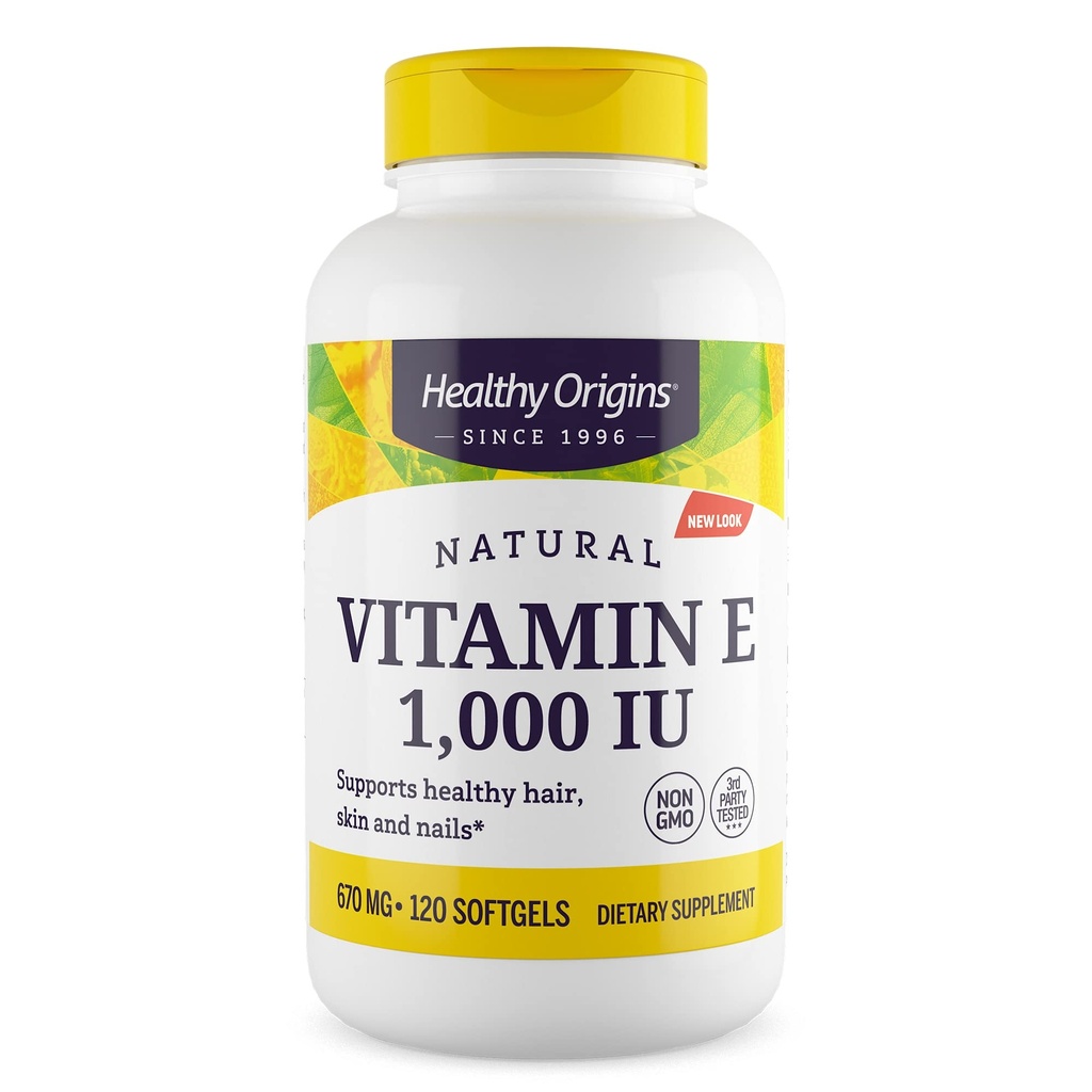 Origem saudável Vitamina E, 1.000 UI (Natural) Tocoferóis mistos - Suplemento Vitamina E - Pele sem glúten e não-GMO, cabelo e unhas Vitamina - 120 Softgels