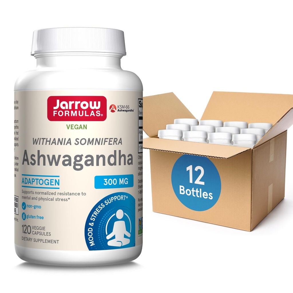 Jarrow Fórmulas Ashwagandha 300 mg - 120 Cápsulas Veggie - Saúde Geral e Resistência à Fadiga - Suplemento Suporta Endurance, Músculo Recuperação & Saúde Cognitiva - 60 Servimentos (Pacote de 12)