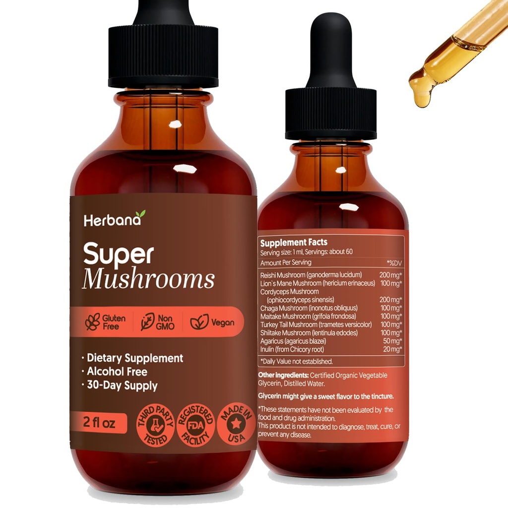 Super Cogumelos 8-em1 - 2 fl oz Extrato Líquido - Brain Booster & Immune Suporte Drops - Reishi, Mane Leão, Cordyceps, Chaga, Mitake, Turquia caudas, Shiitake, Agaricus - alta potência - 45-Dia de fornecimento