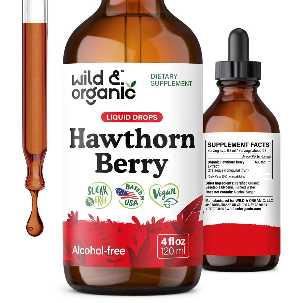 Wild & Organic Hawthorn Berry Tintura 600 mg - Liquid Hawthorne Berry Suplemento para o apoio geral - Vegan, Açúcar & Alcohol-Free Fruit Extract Drops - 4 fl oz