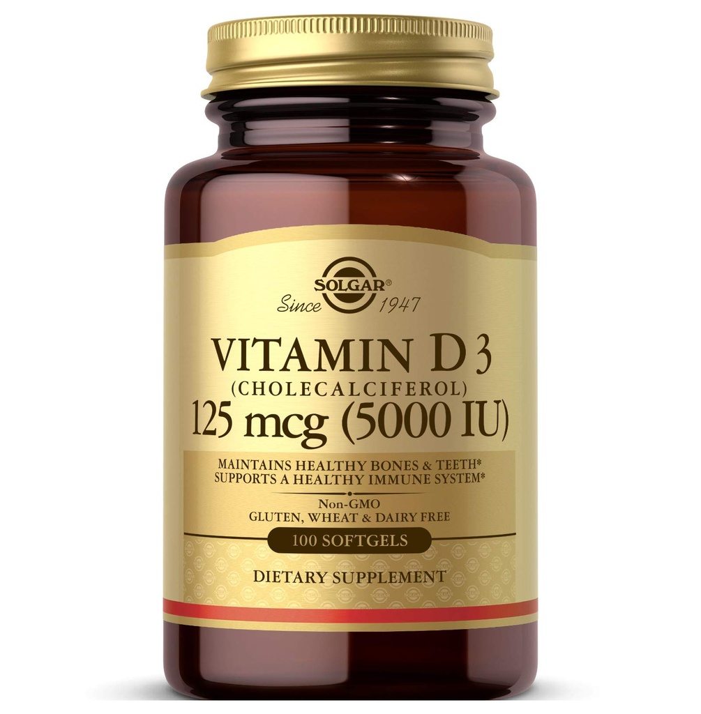 Solgar Vitamina D3 (Cholecalciferol) 125 MCG (5000 UI), 100 Softgels - Ajuda a manter os ossos e dentes saudáveis - Suporte do sistema imunológico - Sem OGM, sem glúten, sem leite - 100 Servings