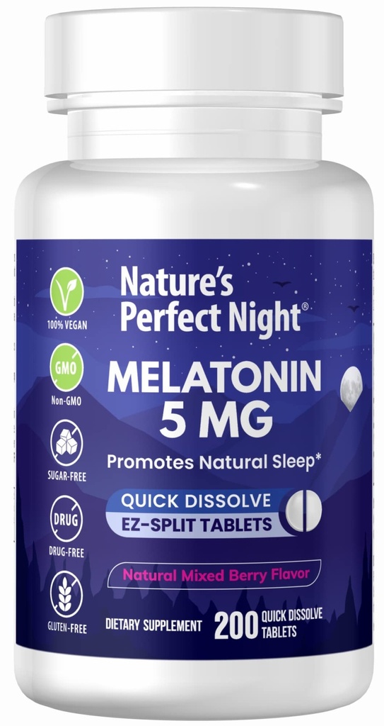 Nature's Perfect Night (Melatonina) 5mg (200) Quick Dissolve Tablets (ou 200) Natural Mixed Berry Flavor