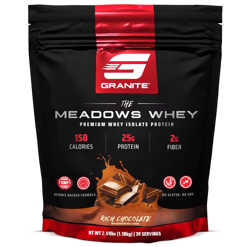 Suplementos de granito A proteína de Whey Meadows isolate proteína em pó para músculo magro com 150 calorias, 2g de fibra, 1g de açúcar (30 servões), sabor rico de chocolate