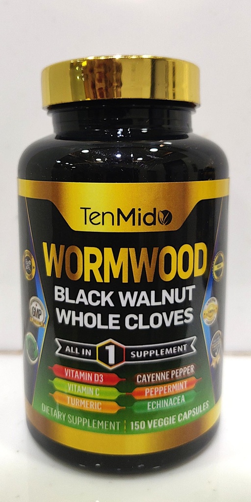 Cápsulas de Wormwood Suplemento para homens e mulheres, Fórmula 10in1 com nozes pretas, Cravo inteiro, Açafrão, Cayenne Pimenta & Mais - Digestivo, Imune Suporte - Nutriente Rico - 150 Cápsulas