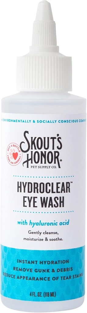 HONOR DA SKOUT Hidroclear Eye Wash com ácido hialurônico, 4 oz garrafa - não medicado, cuidado diário dos olhos para cães e gatos