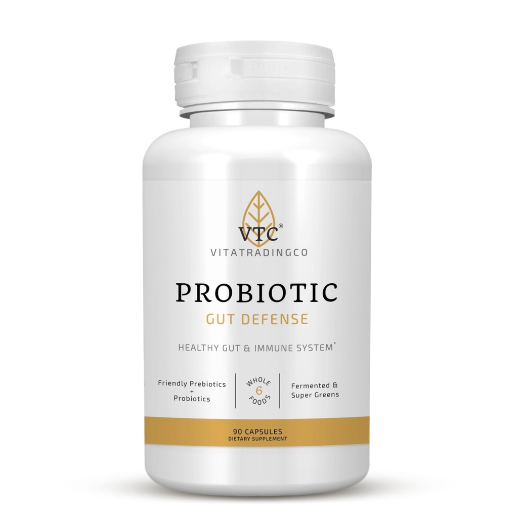 VTC VitaTradingCo. Probiótico Gut Defense - Probióticos e Prebióticos para Gut Saúde e Digestão - 1 bilhão de UFC com base alimentar inteira - 90 cápsulas