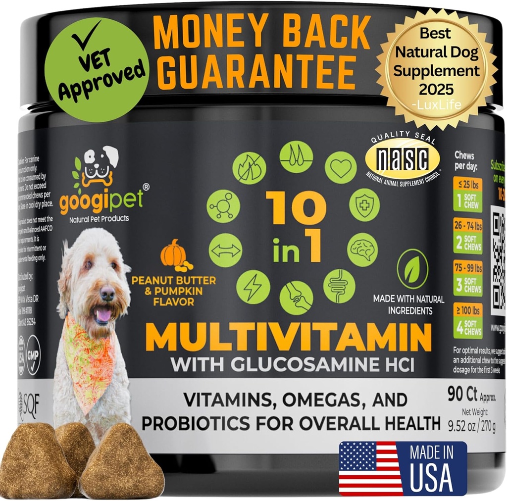 Googipet Premium 10 em 1 Cã Vitaminas Multivitamina Mastigável com Probióticos para Gut Saúde, Dog Vitaminas e Suplementos w/Vitamina C & Glucosamina para Apoio Conjunto (Manteiga de Peanut & Pumpkin Flavor)