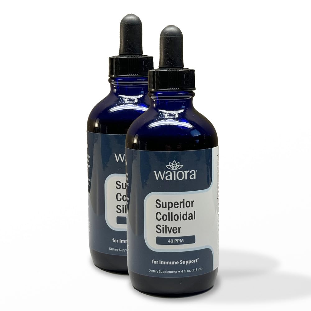 Prata Colóide Superior, Waiora, Suplemento Mineral Líquido, 40 PPM, para suporte imunológico, Garrafa de vidro azul com Dropper (2 bott/44 serv.)