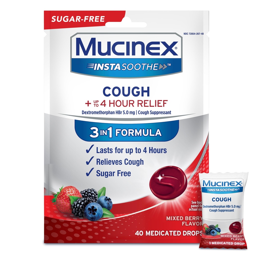 Mucinex Instasoothe Sugar Free Cough Drops, Tosse Medicine for Adults with Dextromethorphan HBr, Non Mentol Cough Drops, Tosse Supressant Lozenges, Mixed Berry Medicated Cough Drops, 40ct