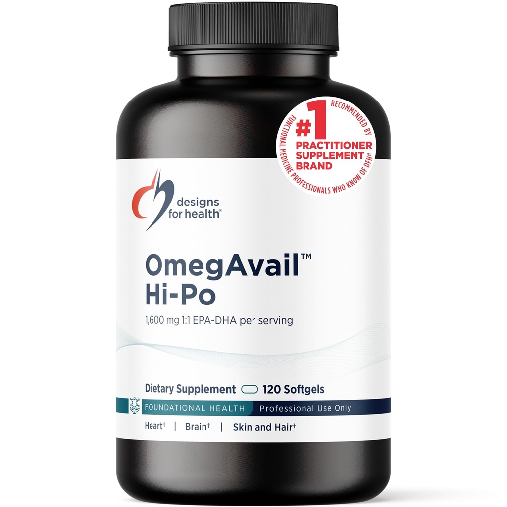 Designs para a saúde OmegAvail Hi-Po - TG (Triglicerido) Omega-3 Suplemento de óleo de peixe, 1600mg EPA/DHA por servir com limão + vitamina E para minimizar gosto de peixe (120 Softgels)
