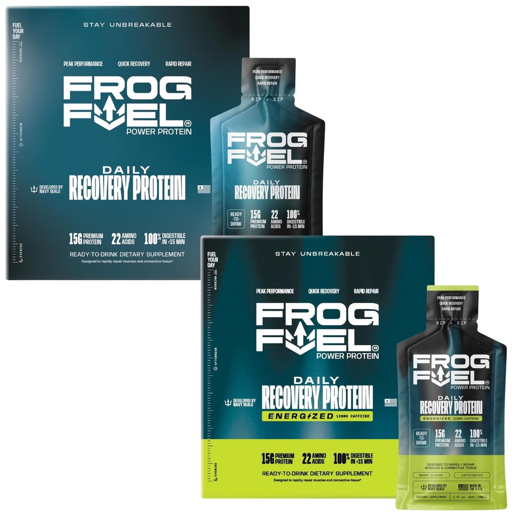 Combustível de rã energia regular & energia energética completa protein shot Bundle, 15g proteína Nano-Hydrolyzed Grass Fed Colágeno, Pós-treino, gordura e açúcar livre, 22 aminoácidos, Berry, 1 oz Packets, 48 Pack