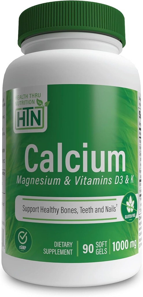 Saúde Thru Nutrition cálcio 1000mg e magnésio 400mg com vitamina D3 & K (90 Softgels)