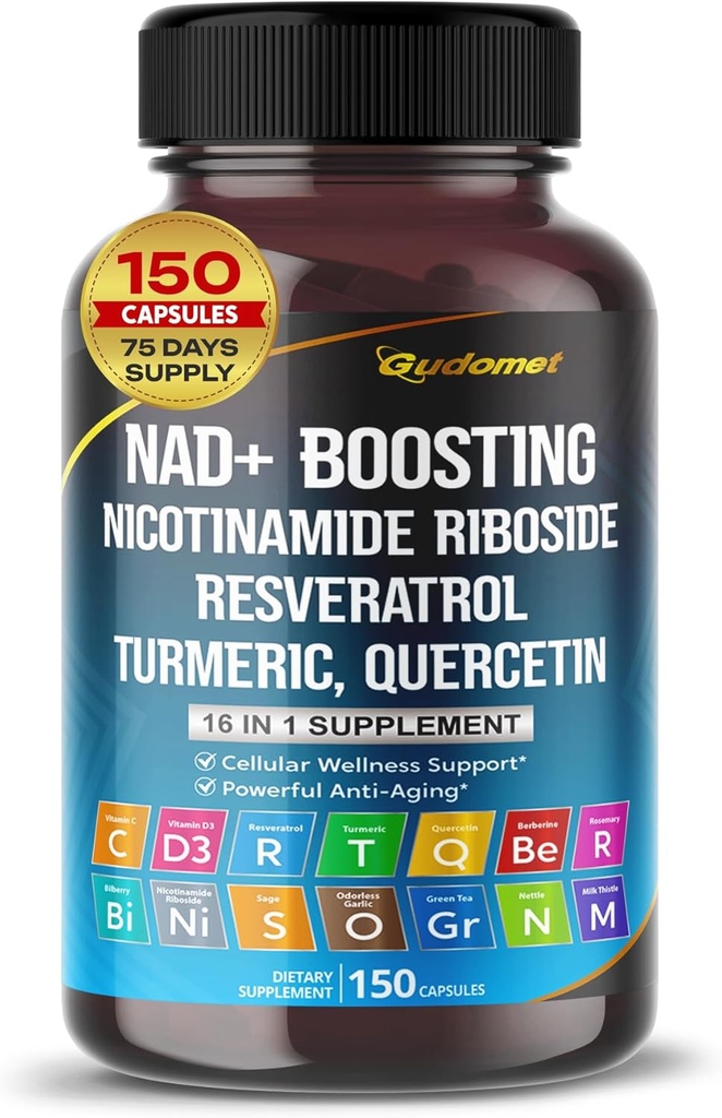 NAD+ Boosting Trans-Resveratrol Turmeric Quercetin Rosemary Bilberry Sage Green Tea Orégano Nettle Milk Thittle Black Pepper -150 Cápsulas- Made in USA