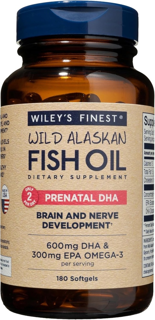 Wiley's Finest Wild Alaskan Fish Oil Pré-Natal DHA - 900mg EPA e DHA Omega-3s para grávidas e mães de enfermagem - 180 Softgels (90 Servos de Vitamina Prenatal)