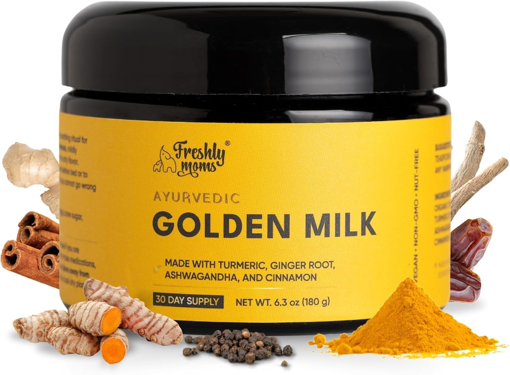 Ayurvedic Golden Milk ou Superfood Supplement Powder ou suporte de imunidade natural Promove o sono repousante ou orgânico de Ashwagandha, açafrão, gengibre e mais