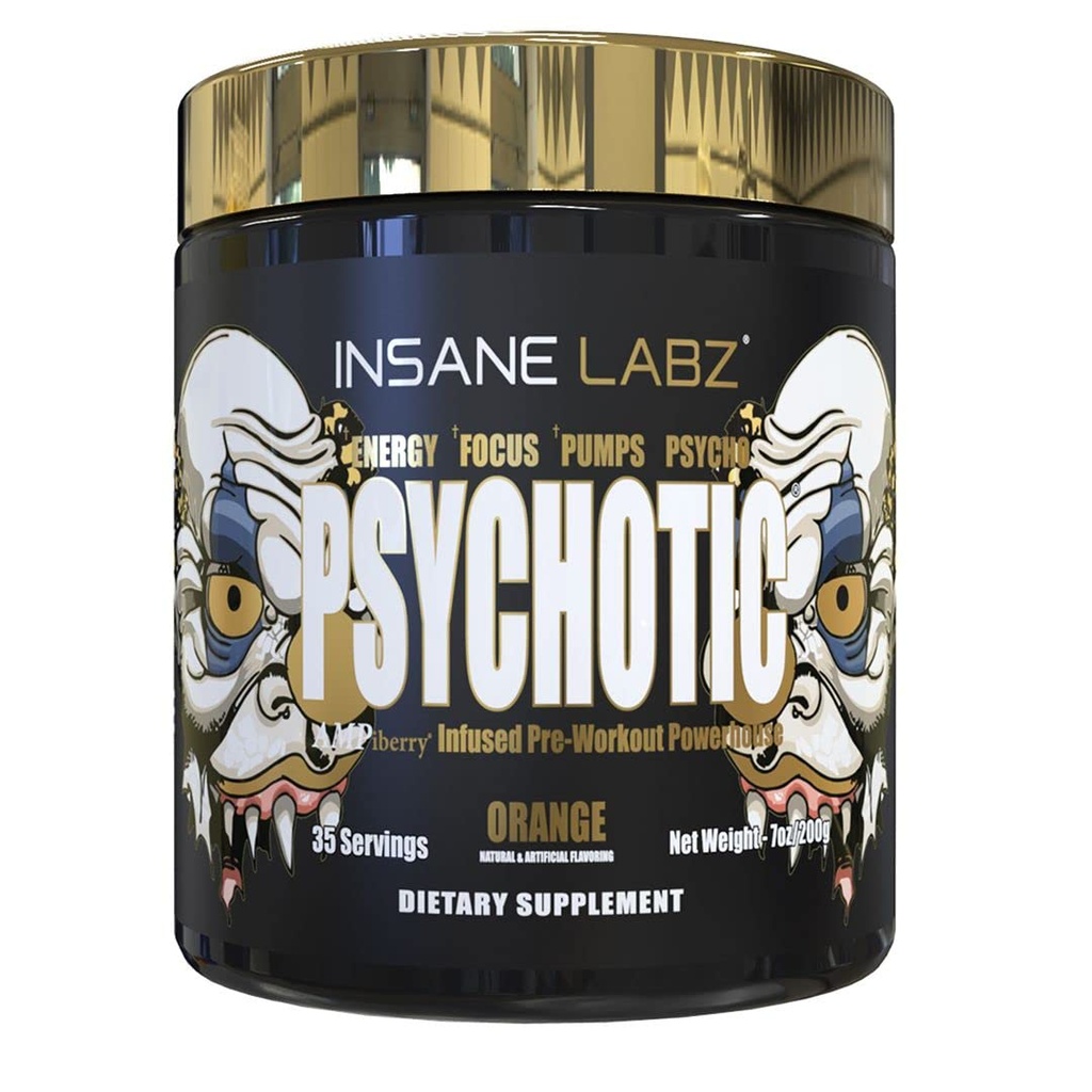 Loucura Labz Psychotic Gold, Pó pré-treino altamente estimulante, Extrema duração foco de energia, bombas e resistência com Beta Alanine, DMAE Bitartrate, NO Booster (35 Servings, Orange)